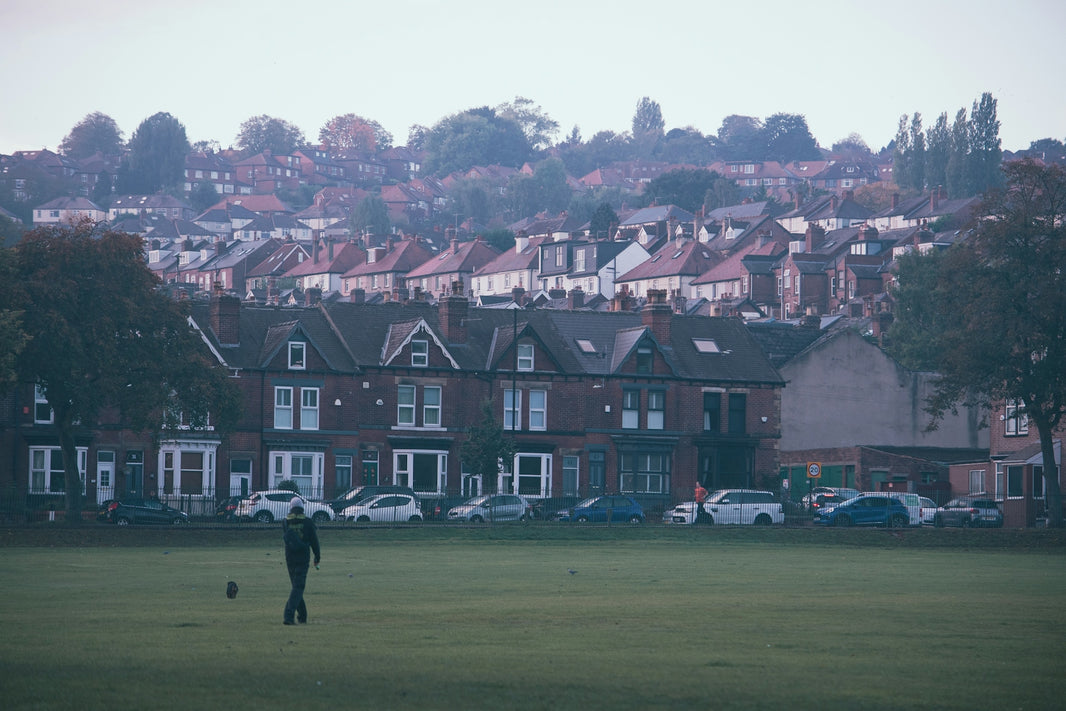 a person walking on a lawn in front of a row of houses